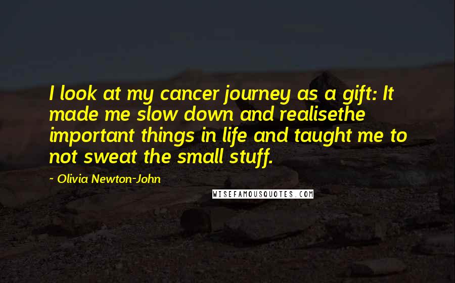 Olivia Newton-John Quotes: I look at my cancer journey as a gift: It made me slow down and realisethe important things in life and taught me to not sweat the small stuff.