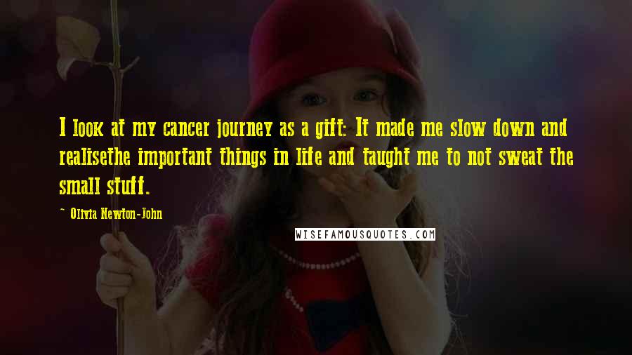 Olivia Newton-John Quotes: I look at my cancer journey as a gift: It made me slow down and realisethe important things in life and taught me to not sweat the small stuff.