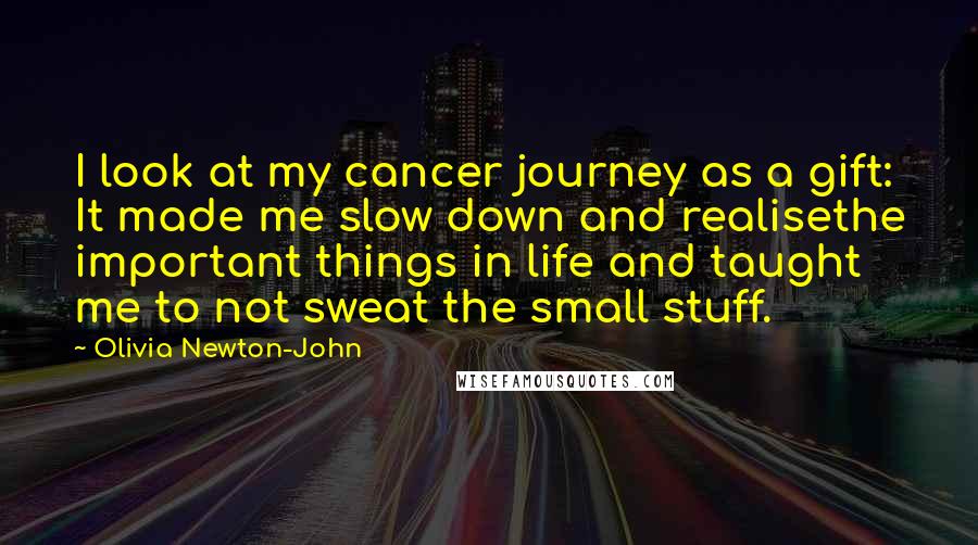 Olivia Newton-John Quotes: I look at my cancer journey as a gift: It made me slow down and realisethe important things in life and taught me to not sweat the small stuff.