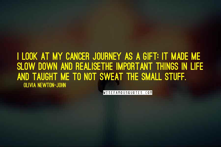 Olivia Newton-John Quotes: I look at my cancer journey as a gift: It made me slow down and realisethe important things in life and taught me to not sweat the small stuff.