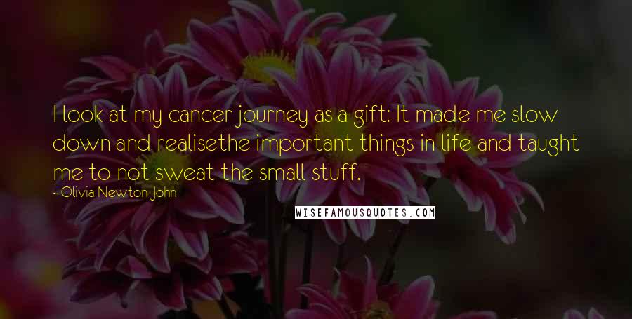 Olivia Newton-John Quotes: I look at my cancer journey as a gift: It made me slow down and realisethe important things in life and taught me to not sweat the small stuff.