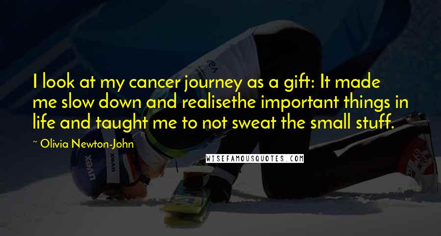 Olivia Newton-John Quotes: I look at my cancer journey as a gift: It made me slow down and realisethe important things in life and taught me to not sweat the small stuff.