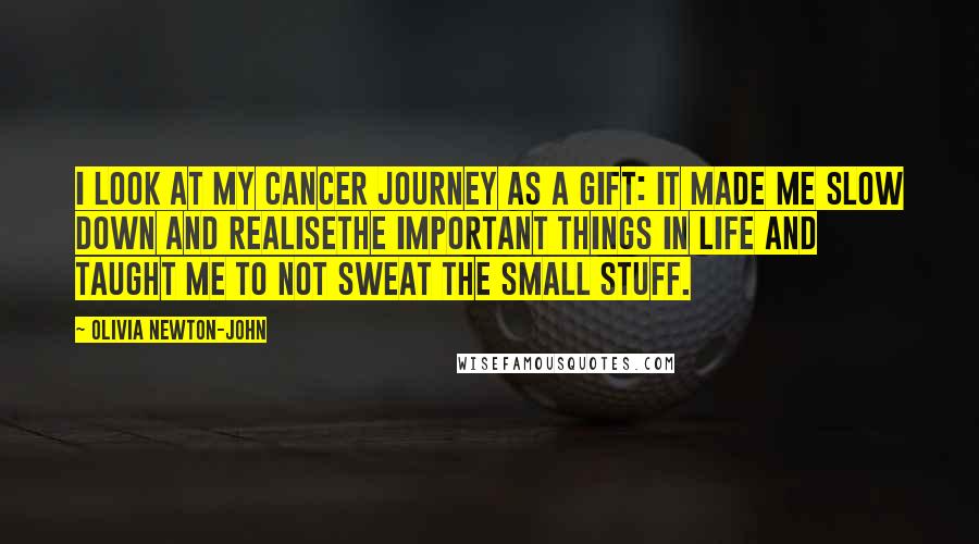 Olivia Newton-John Quotes: I look at my cancer journey as a gift: It made me slow down and realisethe important things in life and taught me to not sweat the small stuff.