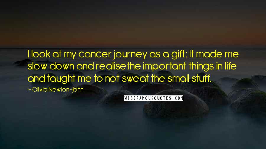 Olivia Newton-John Quotes: I look at my cancer journey as a gift: It made me slow down and realisethe important things in life and taught me to not sweat the small stuff.