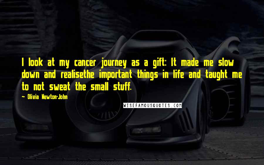 Olivia Newton-John Quotes: I look at my cancer journey as a gift: It made me slow down and realisethe important things in life and taught me to not sweat the small stuff.