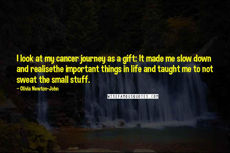 Olivia Newton-John Quotes: I look at my cancer journey as a gift: It made me slow down and realisethe important things in life and taught me to not sweat the small stuff.