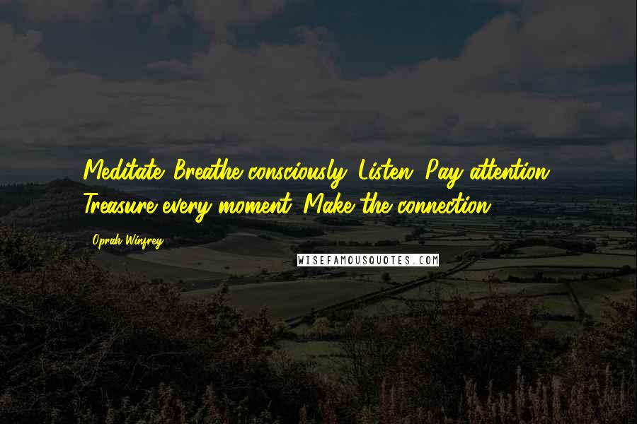 Oprah Winfrey Quotes: Meditate. Breathe consciously. Listen. Pay attention. Treasure every moment. Make the connection.