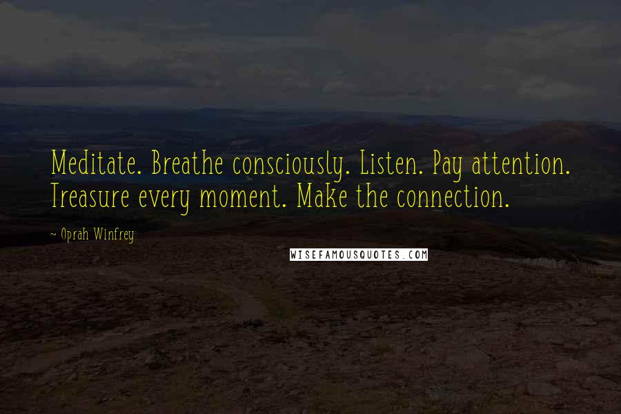 Oprah Winfrey Quotes: Meditate. Breathe consciously. Listen. Pay attention. Treasure every moment. Make the connection.