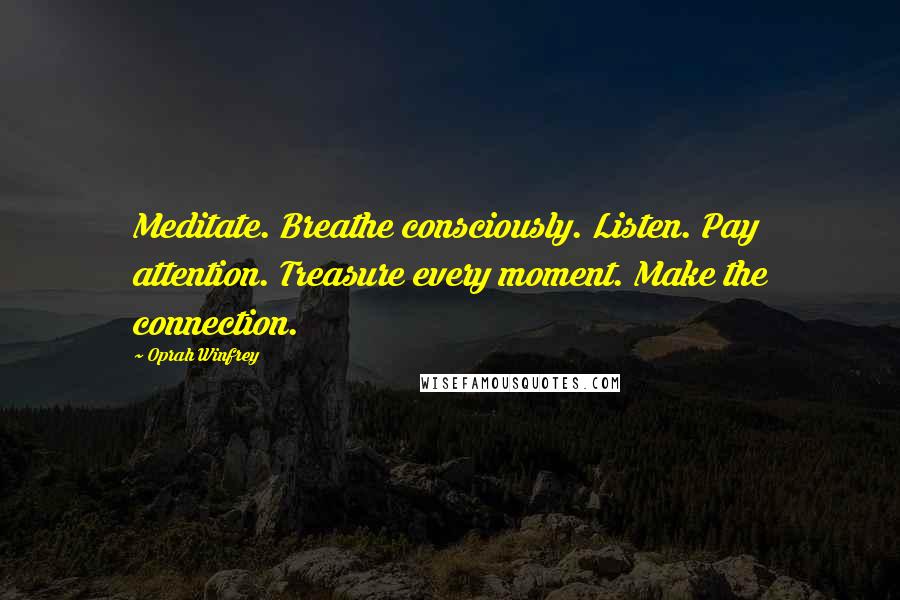 Oprah Winfrey Quotes: Meditate. Breathe consciously. Listen. Pay attention. Treasure every moment. Make the connection.