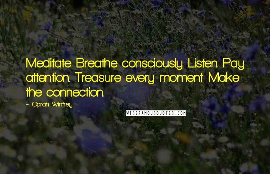 Oprah Winfrey Quotes: Meditate. Breathe consciously. Listen. Pay attention. Treasure every moment. Make the connection.