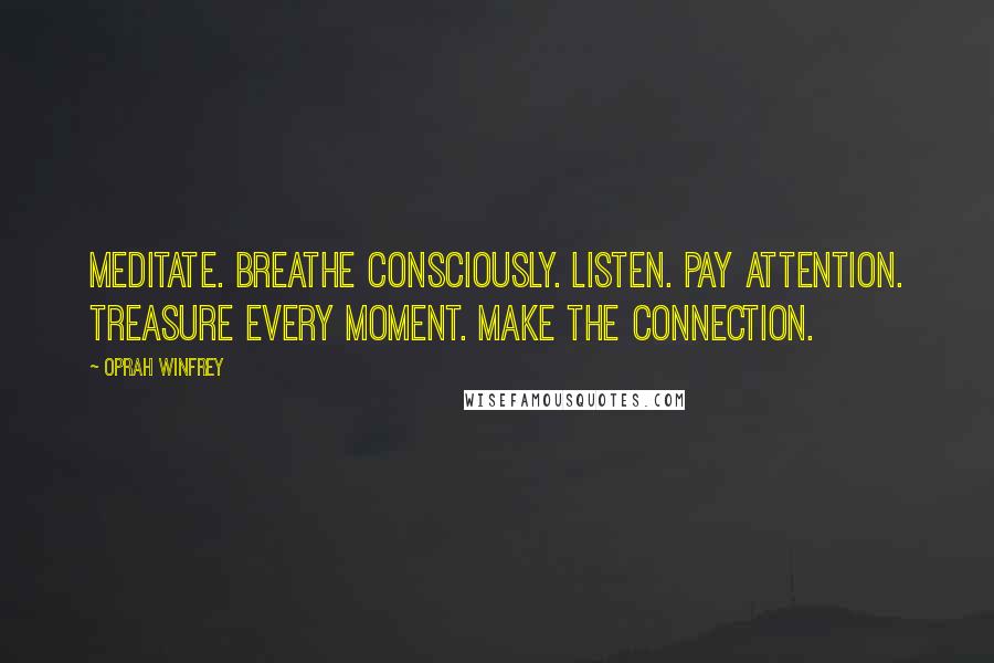 Oprah Winfrey Quotes: Meditate. Breathe consciously. Listen. Pay attention. Treasure every moment. Make the connection.