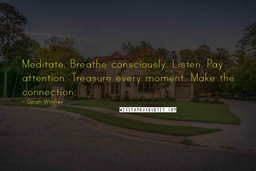 Oprah Winfrey Quotes: Meditate. Breathe consciously. Listen. Pay attention. Treasure every moment. Make the connection.