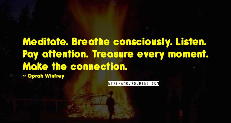 Oprah Winfrey Quotes: Meditate. Breathe consciously. Listen. Pay attention. Treasure every moment. Make the connection.