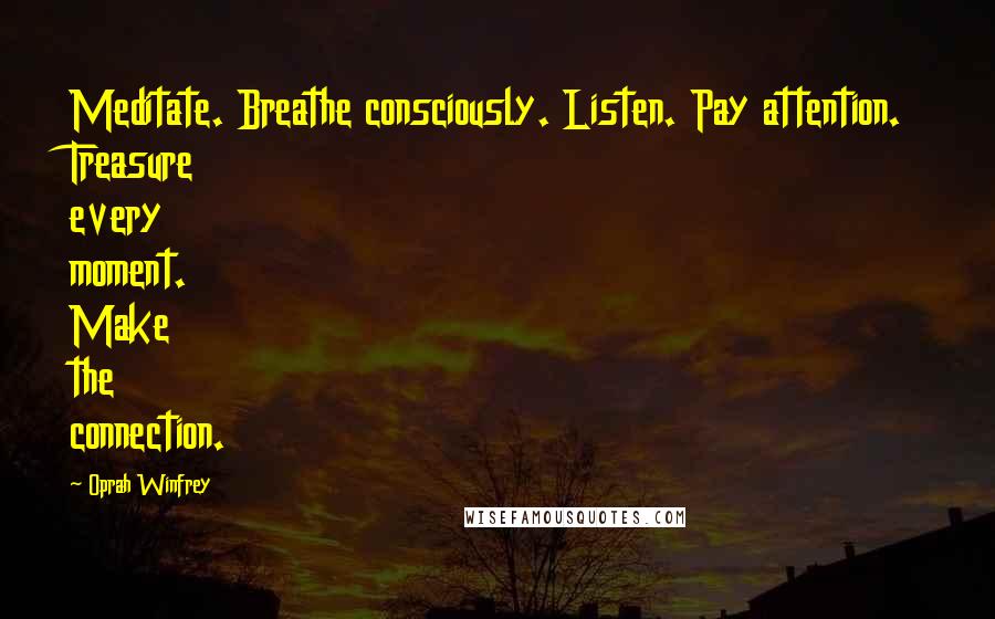 Oprah Winfrey Quotes: Meditate. Breathe consciously. Listen. Pay attention. Treasure every moment. Make the connection.