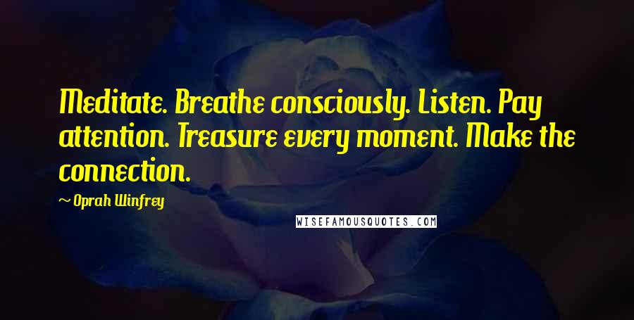 Oprah Winfrey Quotes: Meditate. Breathe consciously. Listen. Pay attention. Treasure every moment. Make the connection.