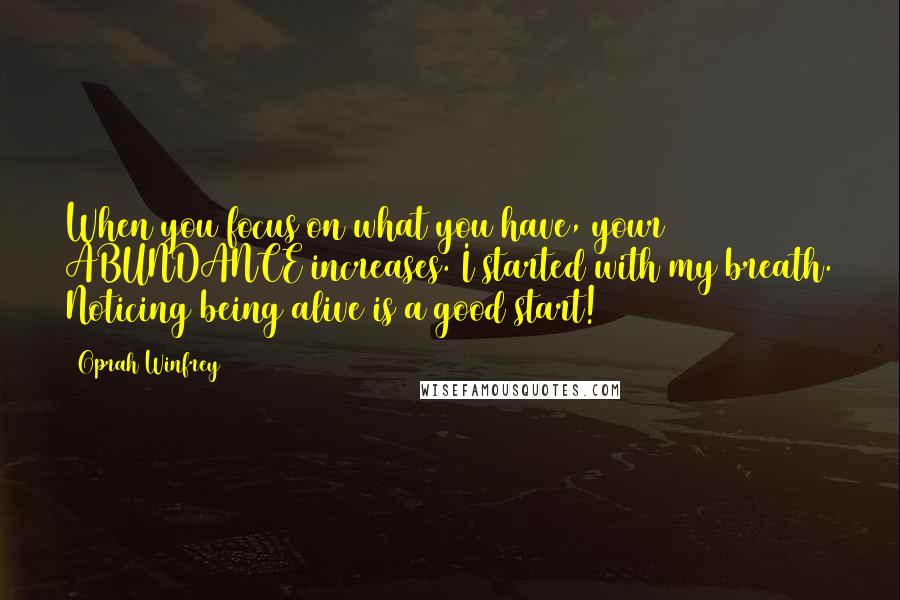 Oprah Winfrey Quotes: When you focus on what you have, your ABUNDANCE increases. I started with my breath. Noticing being alive is a good start!