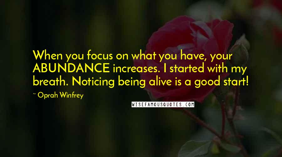 Oprah Winfrey Quotes: When you focus on what you have, your ABUNDANCE increases. I started with my breath. Noticing being alive is a good start!