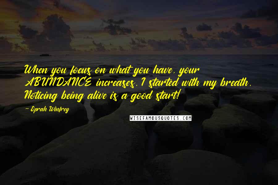 Oprah Winfrey Quotes: When you focus on what you have, your ABUNDANCE increases. I started with my breath. Noticing being alive is a good start!