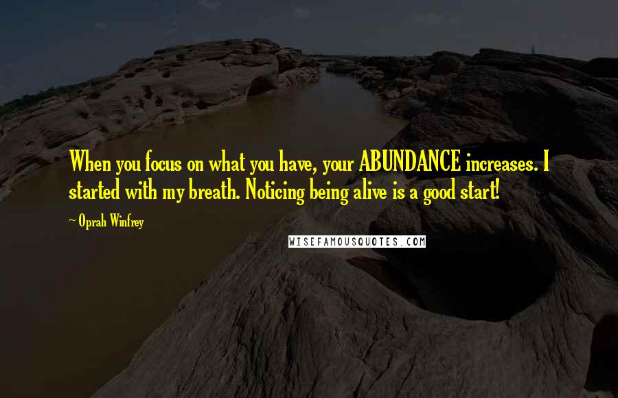 Oprah Winfrey Quotes: When you focus on what you have, your ABUNDANCE increases. I started with my breath. Noticing being alive is a good start!