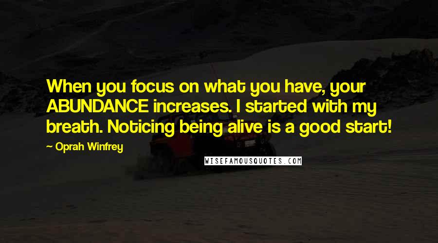 Oprah Winfrey Quotes: When you focus on what you have, your ABUNDANCE increases. I started with my breath. Noticing being alive is a good start!