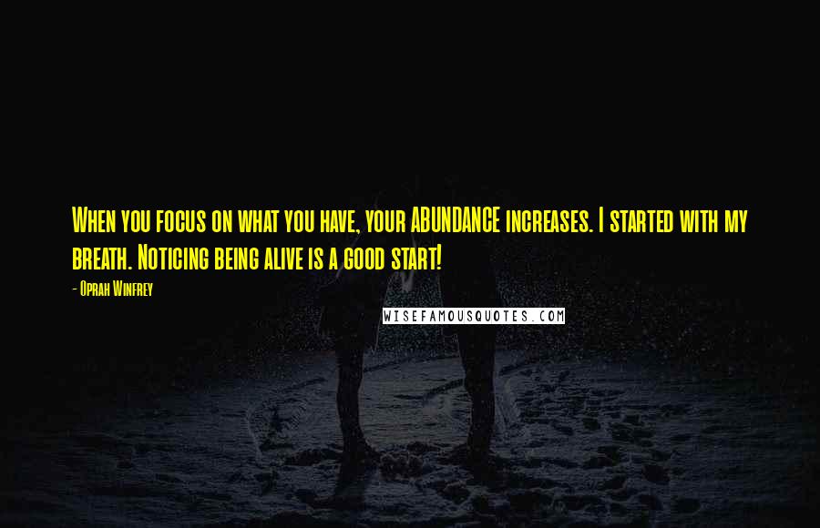 Oprah Winfrey Quotes: When you focus on what you have, your ABUNDANCE increases. I started with my breath. Noticing being alive is a good start!