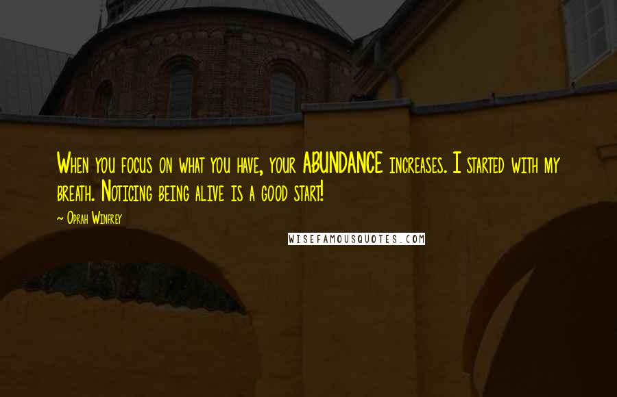 Oprah Winfrey Quotes: When you focus on what you have, your ABUNDANCE increases. I started with my breath. Noticing being alive is a good start!