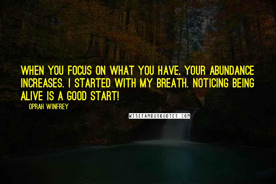 Oprah Winfrey Quotes: When you focus on what you have, your ABUNDANCE increases. I started with my breath. Noticing being alive is a good start!