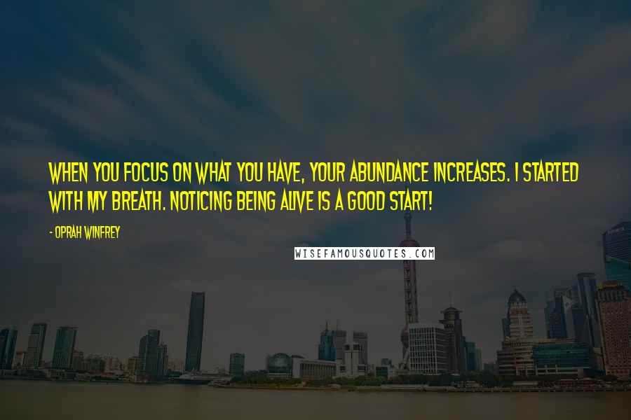 Oprah Winfrey Quotes: When you focus on what you have, your ABUNDANCE increases. I started with my breath. Noticing being alive is a good start!