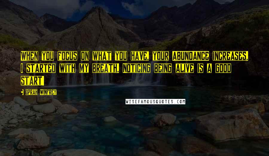 Oprah Winfrey Quotes: When you focus on what you have, your ABUNDANCE increases. I started with my breath. Noticing being alive is a good start!