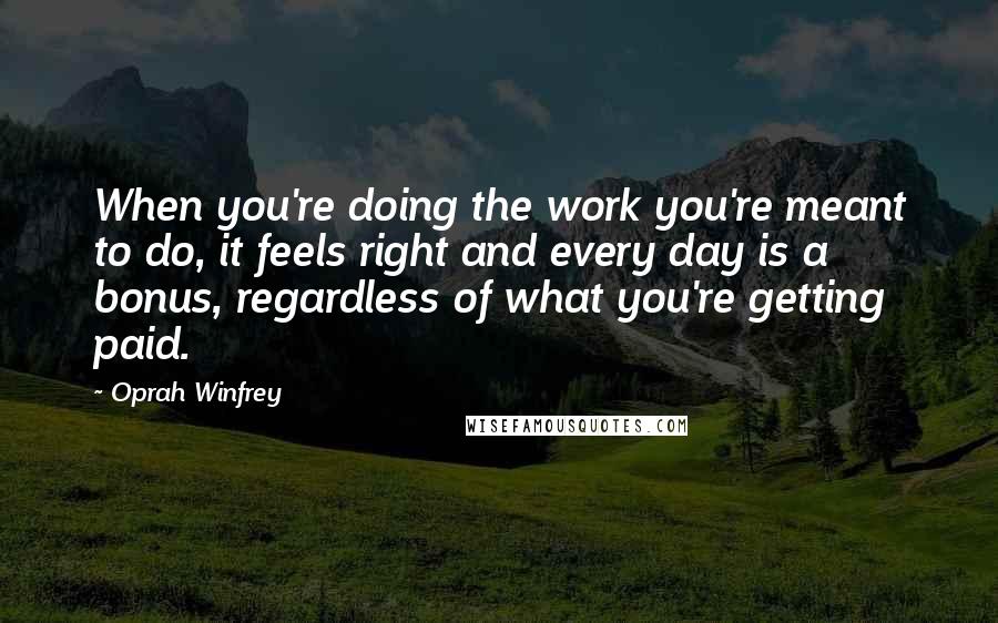 Oprah Winfrey Quotes: When you're doing the work you're meant to do, it feels right and every day is a bonus, regardless of what you're getting paid.