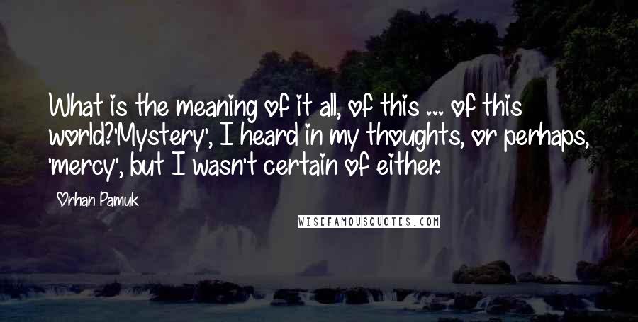 Orhan Pamuk Quotes: What is the meaning of it all, of this ... of this world?'Mystery', I heard in my thoughts, or perhaps, 'mercy', but I wasn't certain of either.