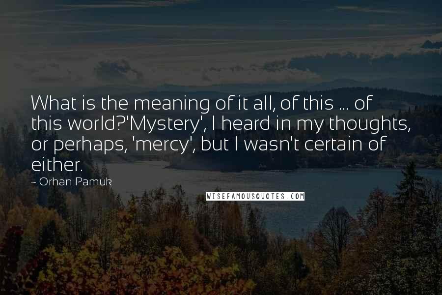 Orhan Pamuk Quotes: What is the meaning of it all, of this ... of this world?'Mystery', I heard in my thoughts, or perhaps, 'mercy', but I wasn't certain of either.