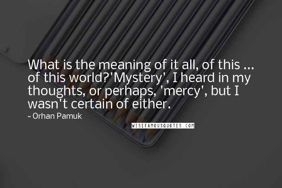 Orhan Pamuk Quotes: What is the meaning of it all, of this ... of this world?'Mystery', I heard in my thoughts, or perhaps, 'mercy', but I wasn't certain of either.