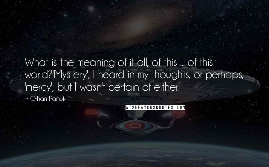 Orhan Pamuk Quotes: What is the meaning of it all, of this ... of this world?'Mystery', I heard in my thoughts, or perhaps, 'mercy', but I wasn't certain of either.