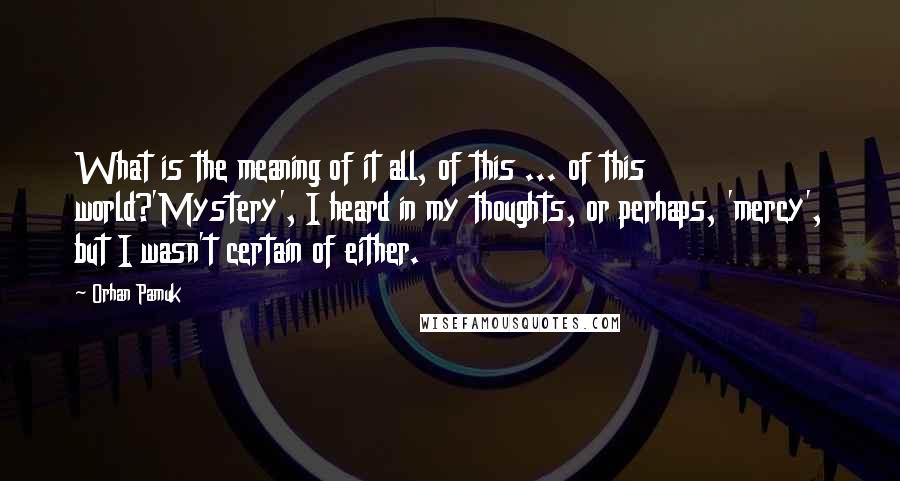 Orhan Pamuk Quotes: What is the meaning of it all, of this ... of this world?'Mystery', I heard in my thoughts, or perhaps, 'mercy', but I wasn't certain of either.
