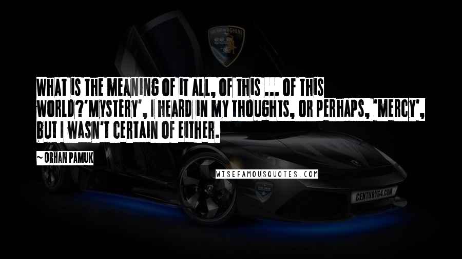 Orhan Pamuk Quotes: What is the meaning of it all, of this ... of this world?'Mystery', I heard in my thoughts, or perhaps, 'mercy', but I wasn't certain of either.