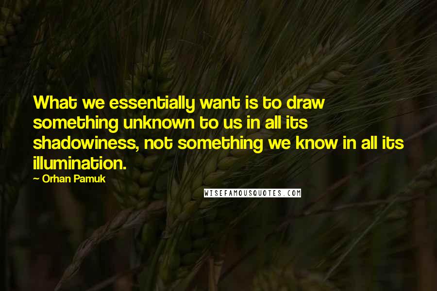 Orhan Pamuk Quotes: What we essentially want is to draw something unknown to us in all its shadowiness, not something we know in all its illumination.