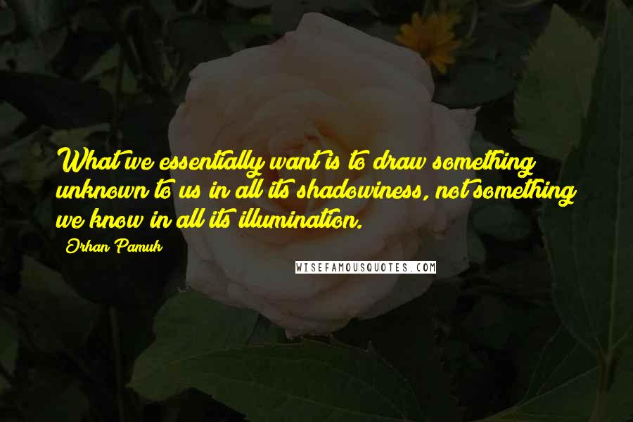 Orhan Pamuk Quotes: What we essentially want is to draw something unknown to us in all its shadowiness, not something we know in all its illumination.