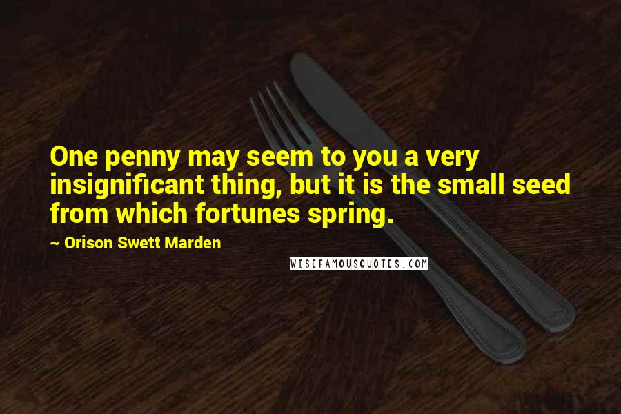 Orison Swett Marden Quotes: One penny may seem to you a very insignificant thing, but it is the small seed from which fortunes spring.