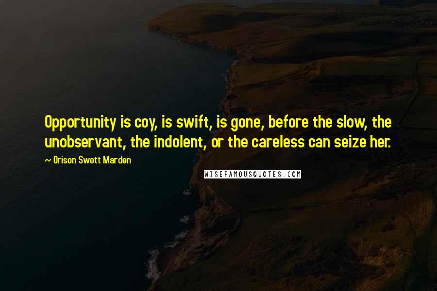 Orison Swett Marden Quotes: Opportunity is coy, is swift, is gone, before the slow, the unobservant, the indolent, or the careless can seize her.