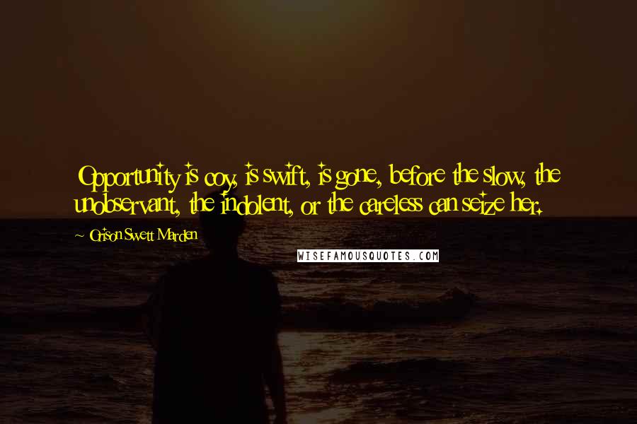 Orison Swett Marden Quotes: Opportunity is coy, is swift, is gone, before the slow, the unobservant, the indolent, or the careless can seize her.