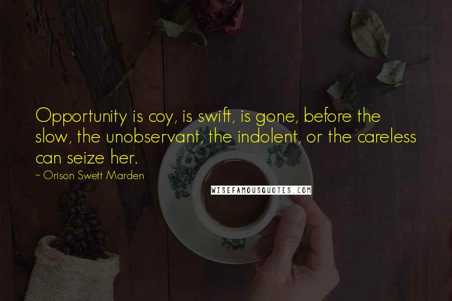 Orison Swett Marden Quotes: Opportunity is coy, is swift, is gone, before the slow, the unobservant, the indolent, or the careless can seize her.