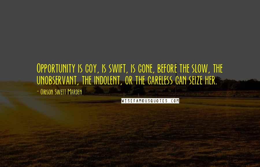 Orison Swett Marden Quotes: Opportunity is coy, is swift, is gone, before the slow, the unobservant, the indolent, or the careless can seize her.