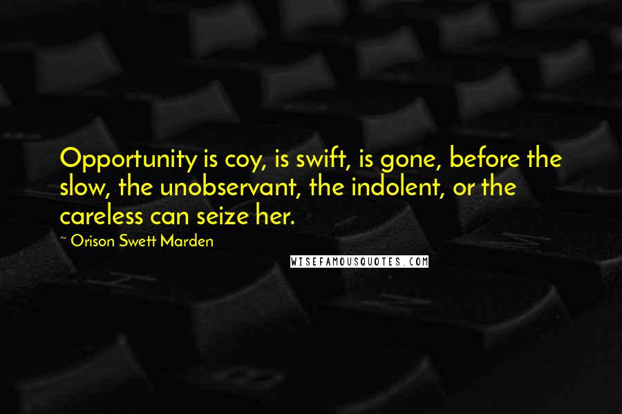Orison Swett Marden Quotes: Opportunity is coy, is swift, is gone, before the slow, the unobservant, the indolent, or the careless can seize her.