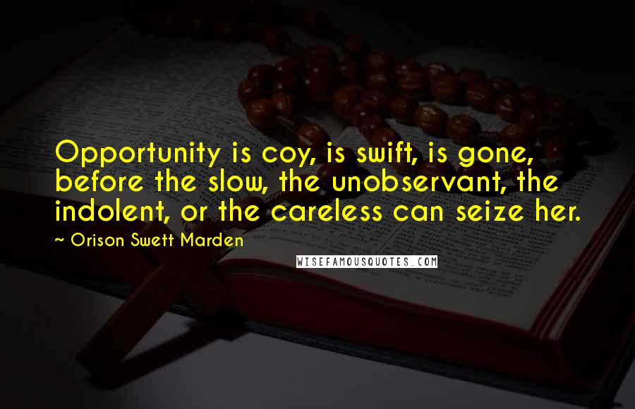 Orison Swett Marden Quotes: Opportunity is coy, is swift, is gone, before the slow, the unobservant, the indolent, or the careless can seize her.