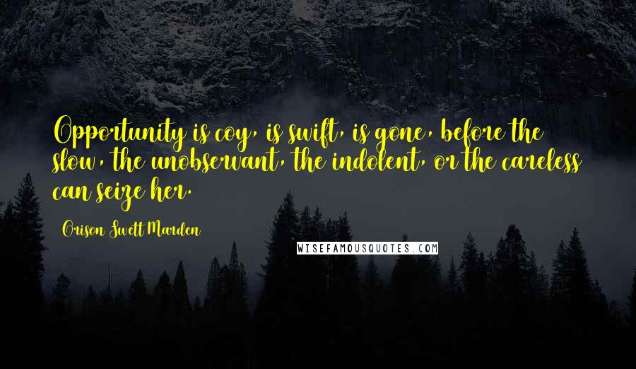 Orison Swett Marden Quotes: Opportunity is coy, is swift, is gone, before the slow, the unobservant, the indolent, or the careless can seize her.