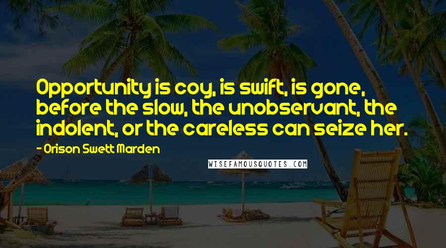 Orison Swett Marden Quotes: Opportunity is coy, is swift, is gone, before the slow, the unobservant, the indolent, or the careless can seize her.