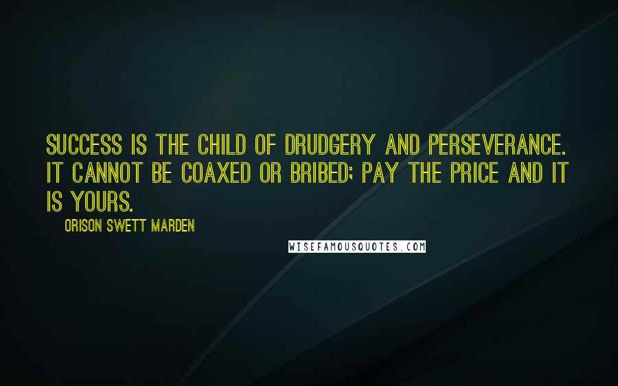 Orison Swett Marden Quotes: Success is the child of drudgery and perseverance. It cannot be coaxed or bribed; pay the price and it is yours.