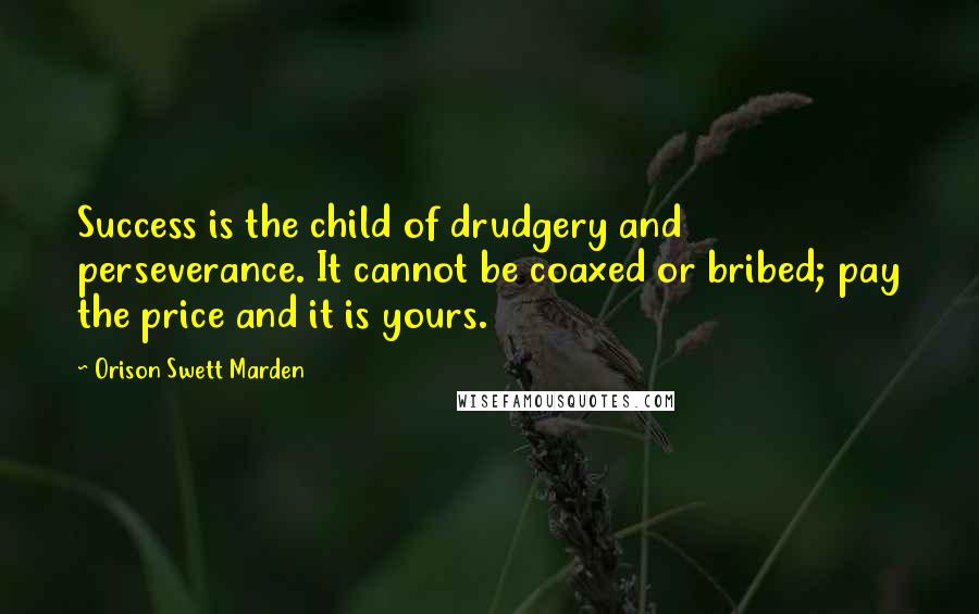 Orison Swett Marden Quotes: Success is the child of drudgery and perseverance. It cannot be coaxed or bribed; pay the price and it is yours.