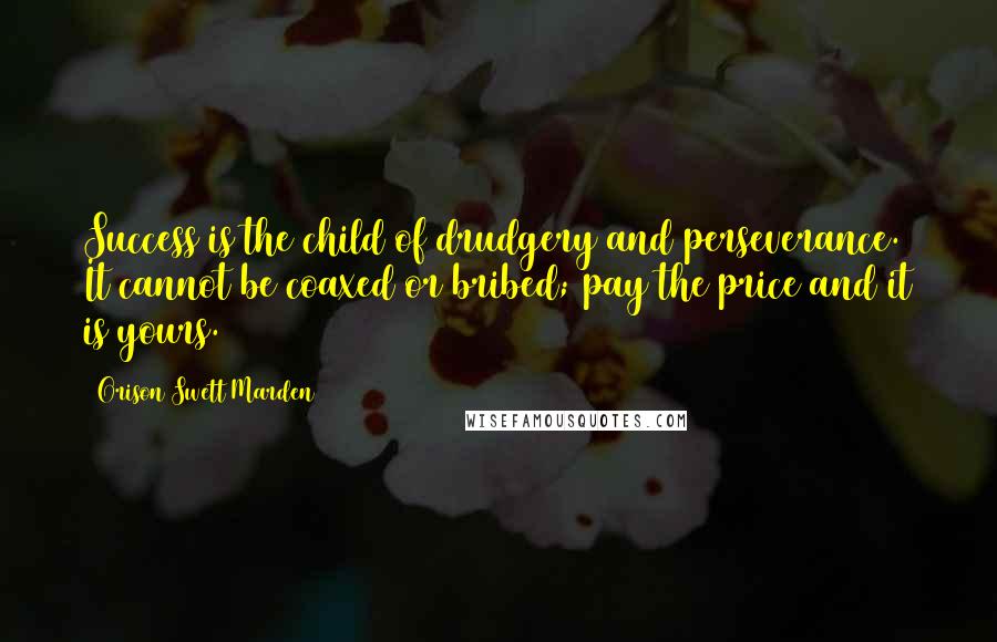 Orison Swett Marden Quotes: Success is the child of drudgery and perseverance. It cannot be coaxed or bribed; pay the price and it is yours.